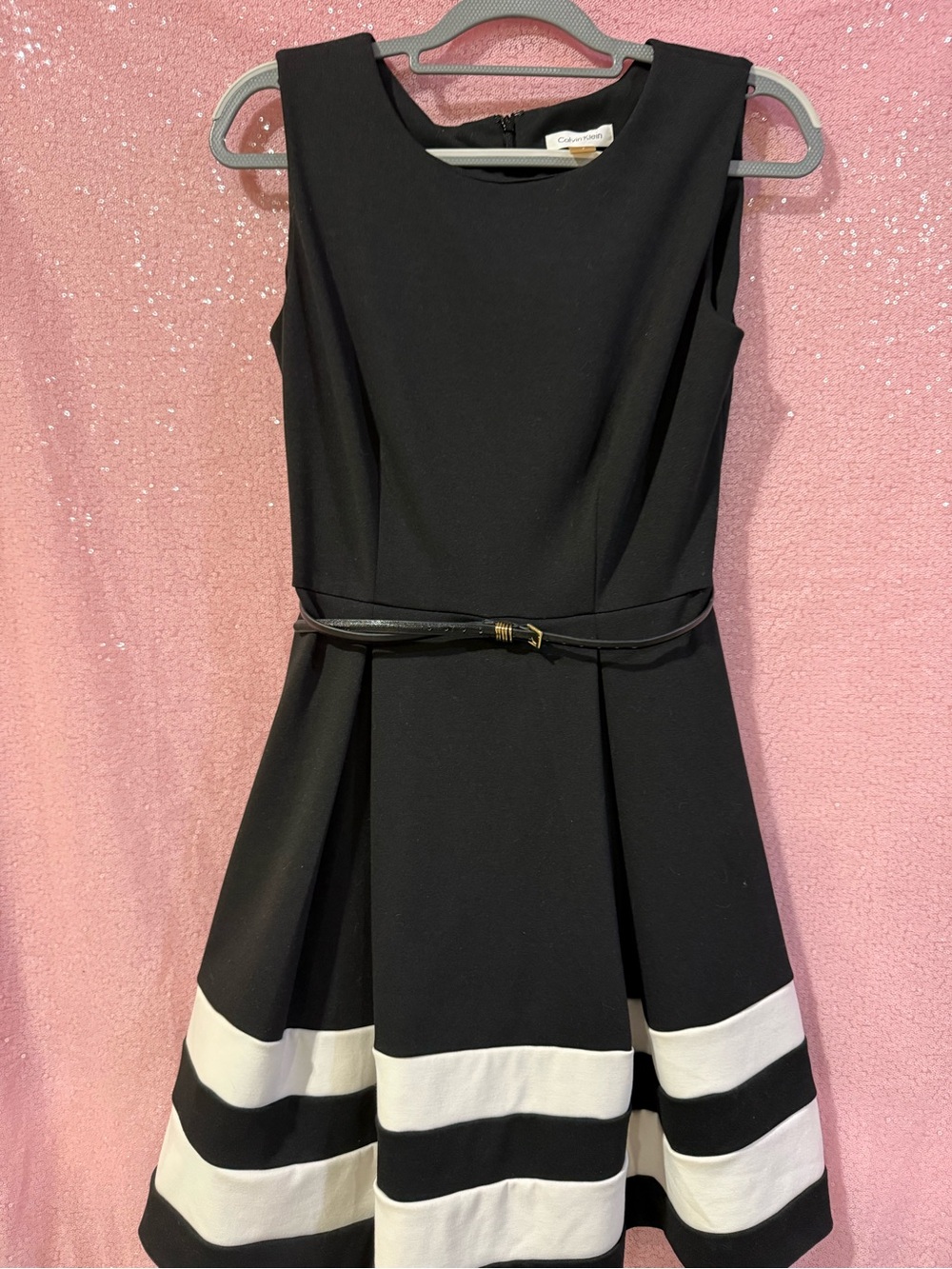 Calvin Klein Black Dress with White Striped Hem N9